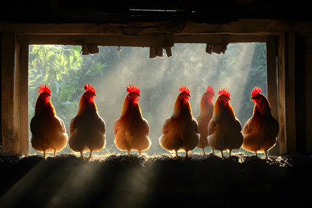 Seven chickens sit in a line within a rustic barn, illuminated by warm morning sunlight streaming through a window. the serene farm setting highlights the peaceful coexistence and charm of rural life. Generative AIの素材