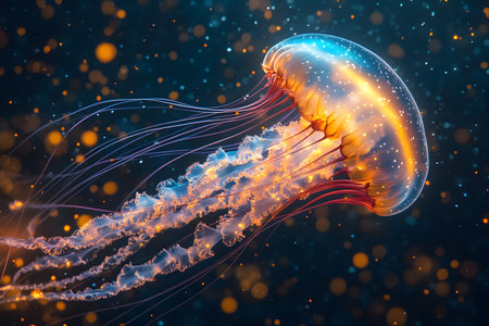 A captivating jellyfish glides through the water, surrounded by enchanting bokeh lights. the image perfectly iridescence and intricate details of the jellyfish amidst a serene, dark sea. Generative AIの素材