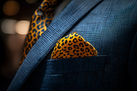 Focus on fashion with bold leopard print details in this stylish men's suit. the vibrant tie and pocket square add a whimsical touch to the dark, textured fabric, blending modern trendiness with classic elegance. Generative AIの素材