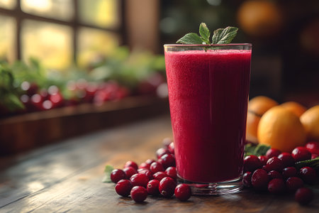 A vibrant cranberry smoothie in a glass, topped with fresh mint leaves, sits on a rustic wooden table. surrounding the glass are scattered whole cranberries, with blurred warm tones of fruit and window light in the background. Generative AIの素材