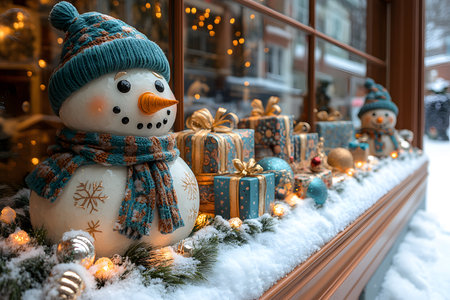 Cheerful holiday shop window display featuring snowmen adorned in knitted hats and scarves surrounded by beautifully wrapped presents. glittering lights, ornaments, and snow cover enhance the festive atmosphere. Generative AIの素材