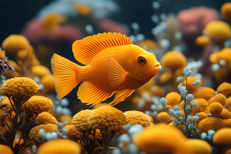A vivid orange fish swims gracefully through an underwater coral reef, surrounded by yellow and orange corals. the colorful scene showcases marine biodiversity, ideal for ocean-themed designs and conservation awareness. Generative AIの素材