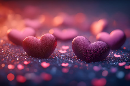 Heart-shaped decorations in vibrant pink and purple tones set against a sparkling background, symbolizing love and romance. perfect for valentine's day themes, greeting cards, or romantic design projects. Generative AIの素材