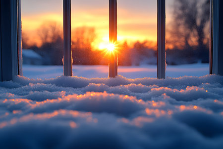 Winter morning sun casts a warm glow through a frosted window, illuminating a snowy landscape with vibrant colors. the serene scene captures tranquility, making it ideal for home decor, seasonal prints, or greeting cards. Generative AIの素材