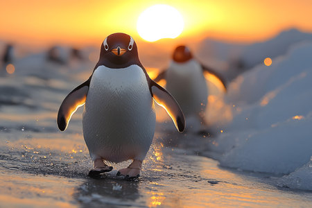 Penguins amble across icy terrain, silhouetted by a stunning sunset backdrop. their lively motion is captured against the vibrant glow of the evening sky, emphasizing their playful nature in a pristine winter environment. Generative AIの素材