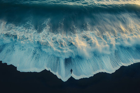 An aerial perspective showcases powerful ocean waves crashing onto a black sand beach. a solitary figure stands at the shoreline, the contrasting textures and colors of the sea and shore. Generative AIの素材