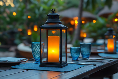 A serene outdoor dining scene featuring a glowing lantern candle centerpiece on a table set with blue glassware. warm, ambient lighting from candles creates a cozy atmosphere in a lush tropical garden. Generative AIの素材