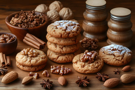 A warm, cozy arrangement featuring rustic cookies topped with walnuts, surrounded by spices including cinnamon sticks, star anise, and nuts. a perfect setting for holiday baking and autumn treats. wooden jars and bowls enhance the natural aesthetic. Generative AIの素材