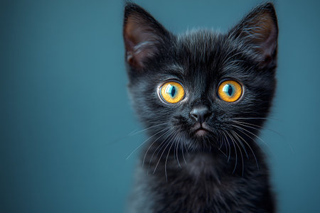 A close-up portrait of a black kitten with striking yellow eyes against a blue background. the image emphasizes the kitten's curious expression, capturing its innocence and distinctive features ideal for animal-focused design. Generative AIの素材