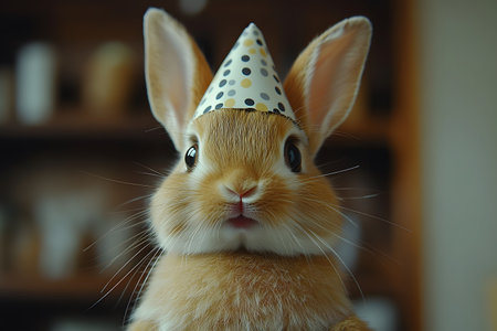 A charming brown bunny wearing a festive polka-dot party hat, symbolizing joy and playfulness. ideal for easter and birthday celebrations, portraying themes of cuteness, whimsy, and the festive spirit. Generative AIの素材
