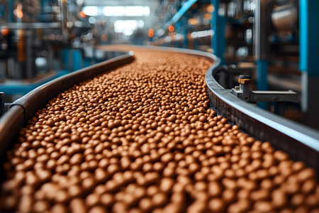 A conveyor belt filled with nuts in an industrial food processing facility. the image highlights the automation and efficiency of modern food production with a focus on bulk operations. Generative AIの素材