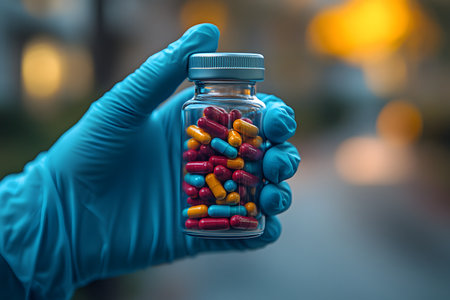 A gloved hand holds a glass bottle filled with assorted colorful capsules, symbolizing medical and pharmaceutical care. the blurred background suggests a clinical or healthcare environment, emphasizing safety and treatment. Generative AIの素材
