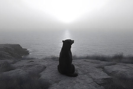 A lone bear sits on a rocky cliff, gazing across a serene ocean under a misty, early morning sky. the scene conveys solitude and reflection, with soft light breaking through the distant clouds over calm waters. Generative AIの素材