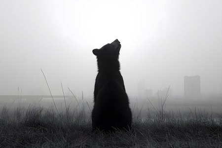 A solitary bear sits in the foreground, silhouetted against a misty urban skyline. the fog and tall grass contribute to a mysterious and tranquil atmosphere, perfect for wildlife or urban nature themes. Generative AIの素材