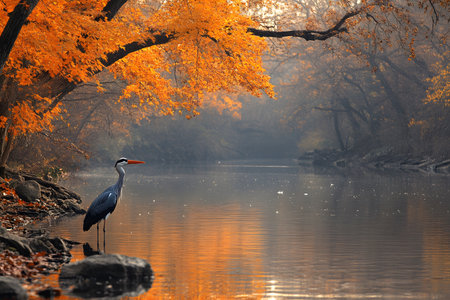A serene autumn scene featuring a heron standing by a tranquil river. golden foliage reflects on the water, creating a peaceful and picturesque landscape. ideal for nature, wildlife, and seasonal themes. Generative AIの素材
