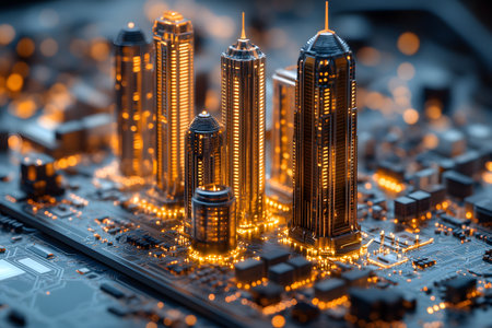 Illuminated skyscrapers emerge from a circuit board, symbolizing the fusion of technology and urban development. the glowing buildings and intricate electronic paths create a vision of futuristic urban innovation. Generative AIの素材