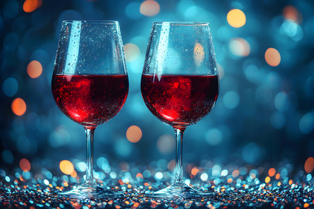 Two elegant glasses filled with red wine set against a backdrop of shimmering bokeh lights, creating a festive and romantic atmosphere. the scene evokes feelings of celebration, sophistication, and warmth. Generative AIの素材
