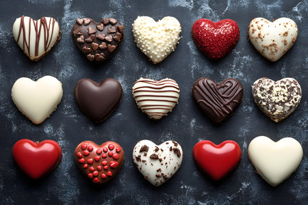 Diverse selection of heart-shaped chocolate cookies displayed on a textured dark background. each cookie is uniquely decorated, showcasing various designs and textures, making them ideal for romantic celebrations like valentine's day. Generative AIの素材