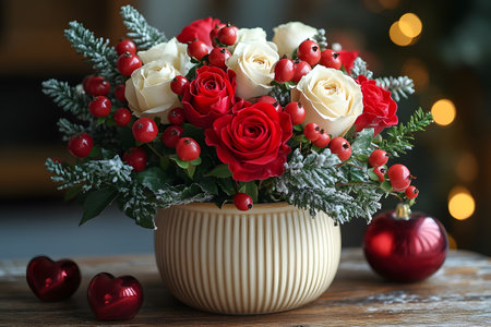 A beautifully arranged bouquet with red and white roses, frosted greenery, and red berries in a textured vase. set against a warm, bokeh background with hints of festive decorations, ideal for holiday-themed designs and arrangements. Generative AIの素材