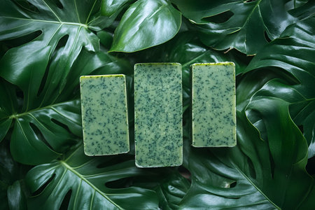 Three rectangular handmade soap bars with a green hue are placed on a backdrop of fresh monstera leaves. the soaps, containing natural speckles, emphasize eco-friendliness and organic skincare, set in a lush tropical environment. Generative AIの素材