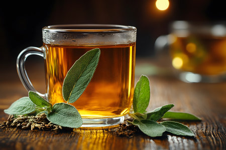 Warm herbal tea served in a clear glass mug, garnished with fresh sage leaves. set against a rustic wooden table, creating a cozy and inviting atmosphere perfect for relaxation or meditation moments. Generative AIの素材