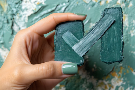 Checkmark-shaped green paint balanced by a hand against a backdrop of textured paint. ideal for modern design, symbolizing approval, positivity, or completion within artistic or business themes. Generative AIの素材