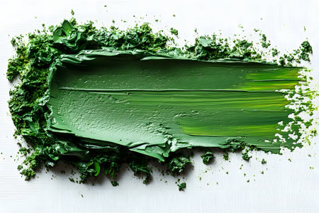 Green paint is spread across a white canvas, showcasing dynamic texture and vibrant hues. the brushstroke's unique pattern contrasts sharply with the clean background, ideal for artistic inspiration and design applications. Generative AIの素材