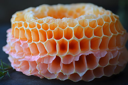 Vibrant honeycomb structure with intricate hexagonal patterns, showcasing natural geometry and organic texture. ideal for themes of nature, sustainability, and design inspiration, the beauty and complexity of bee architecture. Generative AIの素材