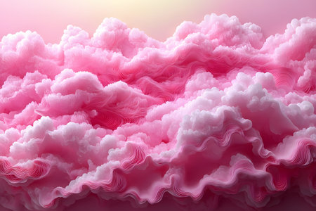 A vibrant and surreal 3d render illustrating a pink cloudscape with soft, fluffy textures. the scene is bathed in warm light, creating a dreamy and ethereal atmosphere ideal for digital art and design projects. Generative AIの素材