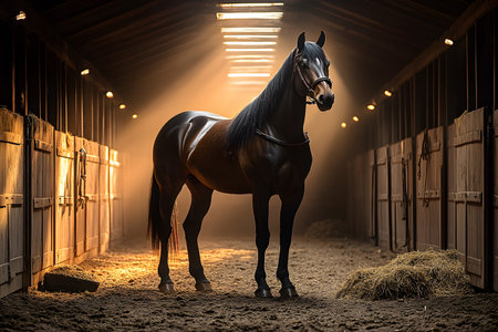 Majestic horse standing in an elegantly lit stable, creating a serene and timeless equestrian scene. warm light highlights the graceful contours of the horse, with soft hay and rustic barn textures adding depth to the imagery. Generative AIの素材