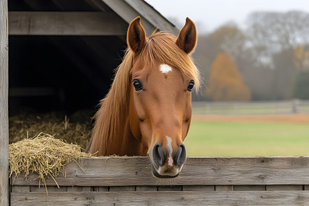 Chestnut horse leaning over a wooden barn stall, with hay visible, set against a blurred background of green pastures and autumn trees. the calm expression highlights the serenity of countryside living. Generative AIの素材