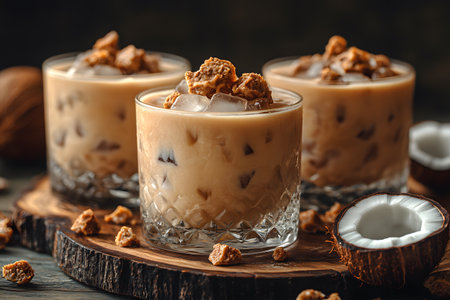 Iced coffee glasses adorned with ice cubes, creamy mixture, and topped with crunchy granola sit on a rustic wooden board. fresh coconut halves accompany, adding a tropical touch to this delightful drink scene. Generative AIの素材