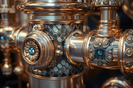 Intricate steampunk-themed machinery featuring detailed brass and steel components. the ornate design incorporates decorative elements and complex patterns, showcasing a blend of industrial and artistic aesthetics. Generative AIの素材