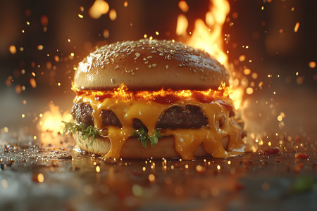 A gourmet cheeseburger with a fiery backdrop highlights melted cheese dripping over a succulent beef patty, fresh lettuce, and a sesame bun. ideal for barbecue promotion, food ads, or culinary inspiration. Generative AIの素材