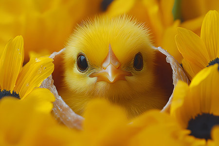 A fluffy yellow chick peeks out from its eggshell surrounded by bright sunflowers, embodying themes of new beginnings and the freshness of spring. the scene conveys warmth and the joy of nature. Generative AIの素材