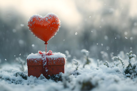 Heart-shaped balloon and gift box covered in snow, set against a serene winter backdrop. perfect for valentine's day themes, showcasing love and romance amidst a frosty, snow-laden landscape. Generative AIの素材