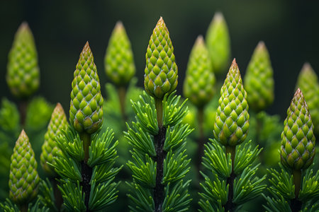 Vibrant image showcasing multiple green pine cones in close-up, displaying intricate texture and pattern. the lush evergreen needles enhance the natural beauty, making it ideal for botanical, nature, or conservation themes. Generative AIの素材