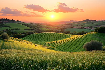 Rolling hills bathed in the warm glow of a setting sun create a serene and captivating landscape. the vibrant green fields contrast beautifully with the golden sky, offering a tranquil and picturesque view of nature's beauty. Generative AIの素材