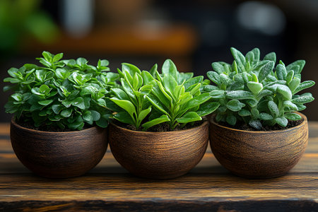 Three vibrant green houseplants sit in round wooden bowls, showcasing a blend of nature and rustic design. the lush foliage adds a touch of greenery, making it ideal for enhancing home decor or interior spaces. Generative AIの素材