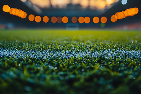 Close-up view of a vibrant soccer field under glowing stadium lights at dusk. the blurred background highlights the goalposts, creating a dynamic and atmospheric sports scene ideal for design, promotion, and sports-related content. Generative AIの素材