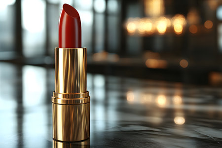 Red lipstick standing upright on a glossy marble counter within a dimly lit, elegant environment. the warm ambient lighting creates a luxurious and sophisticated atmosphere suitable for beauty and fashion themes. Generative AIの素材