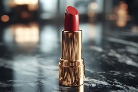 Luxurious red lipstick tube standing upright on a sleek marble surface, surrounded by a softly blurred background. ideal for beauty, fashion, and cosmetic industry visuals, emphasizing elegance and sophistication. Generative AIの素材
