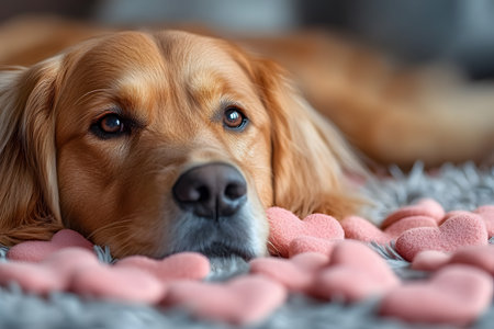 Golden retriever lying on a soft surface surrounded by pink heart shapes, showcasing affection and calmness. perfect for valentine's day-themed designs, pet promotions, or heartwarming decoration. Generative AIの素材