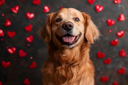 Golden retriever dog sitting joyfully amidst floating red hearts against a dark backdrop. ideal for valentine's day designs, pet-themed projects, and concepts of love, happiness, and companionship. Generative AIの素材