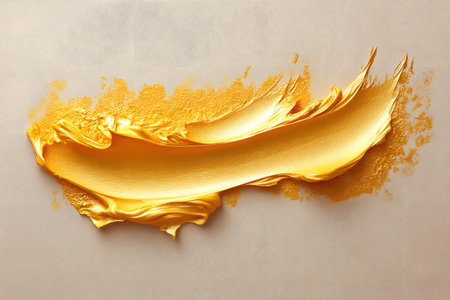 Vibrant golden brushstroke against a neutral background portrays elegance and sophistication. ideal for modern interior design themes, evoking luxury and creativity. perfect for art prints or stylish decor. Generative AIの素材