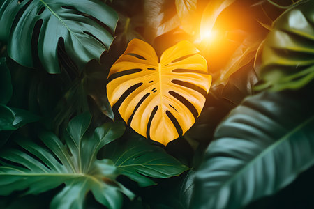 Tropical scene featuring a striking yellow monstera leaf among green foliage, illuminated by a warm glow of sunlight. the vibrant colors create a lush and exotic atmosphere, ideal for nature and relaxation concepts. Generative AIの素材