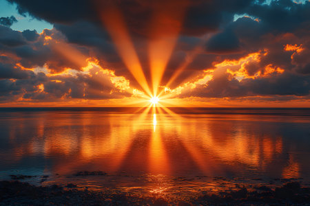 Stunning seaside landscape showcasing a dramatic sunset with vibrant clouds and sun rays reflecting on the calm ocean. perfect for inspirational designs, nature-themed prints, or serene backgrounds. Generative AIの素材