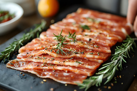 Raw bacon slices arranged on a black slate with rosemary sprigs, seasoned with pepper and spices, showcasing a gourmet theme. the background includes blurred elements like a bowl and an orange, adding depth. Generative AIの素材