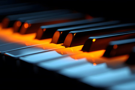 Close-up view of piano keys illuminated by warm, glowing light, creating a dramatic and atmospheric visual. ideal for themes of music, creativity, and artistic expression. suitable for posters, prints, or digital designs. Generative AIの素材