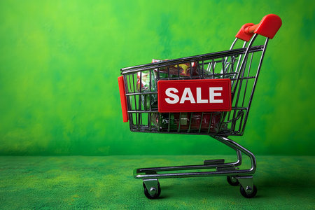 Shopping cart with red sale sign set against a bright green background symbolizes retail promotions and marketing strategies. ideal for advertisements, promotional materials, and online marketing campaigns targeting consumer sales and discounts. Generative AIの素材